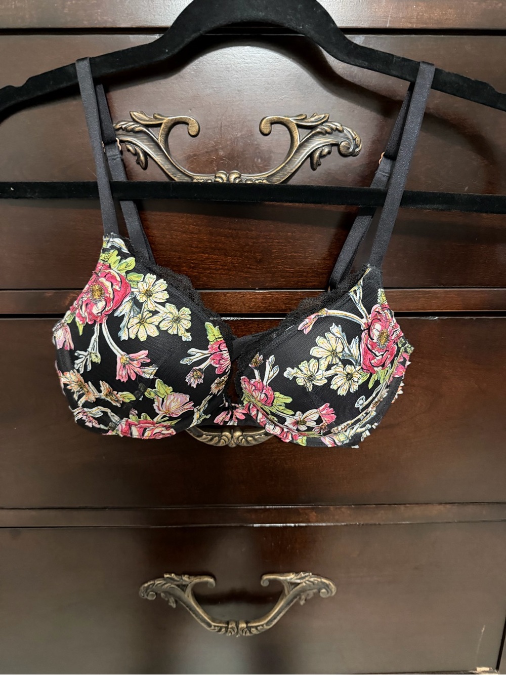 Victoria's Secret Black Bra with Pink & Cream Floral Print